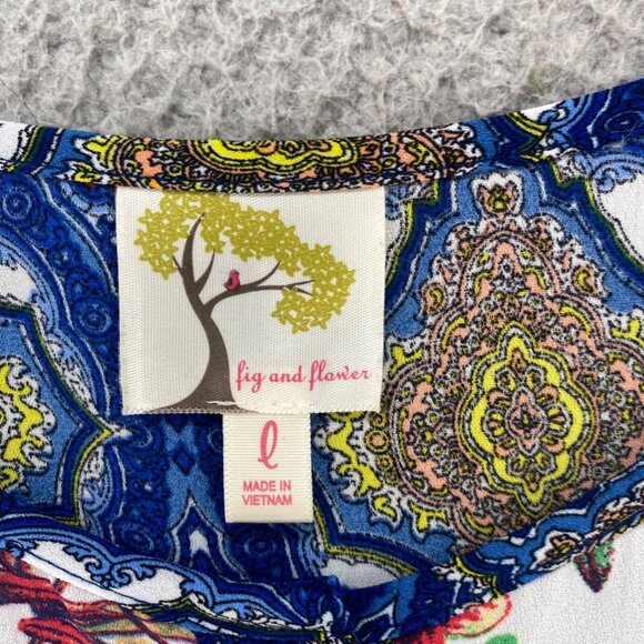 Fig And Flower Dress Womens Large Blue Multi Floral Shirt Tunic 1/4 Button Up - Picture 5 of 11